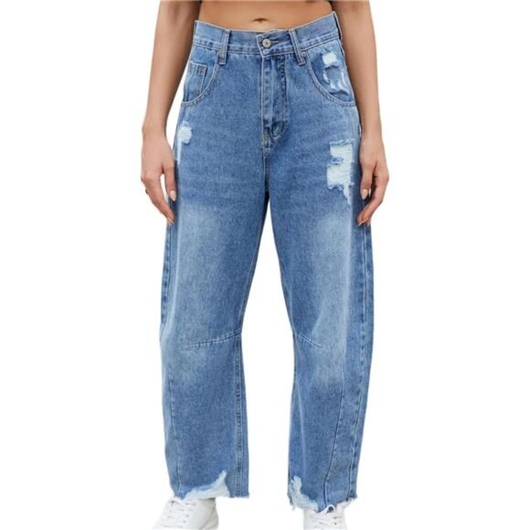 Blue Distressed Wide Leg Baggy Barrel Jeans High‎ Waist Y2K Grunge Streetwear - Picture 1 of 6